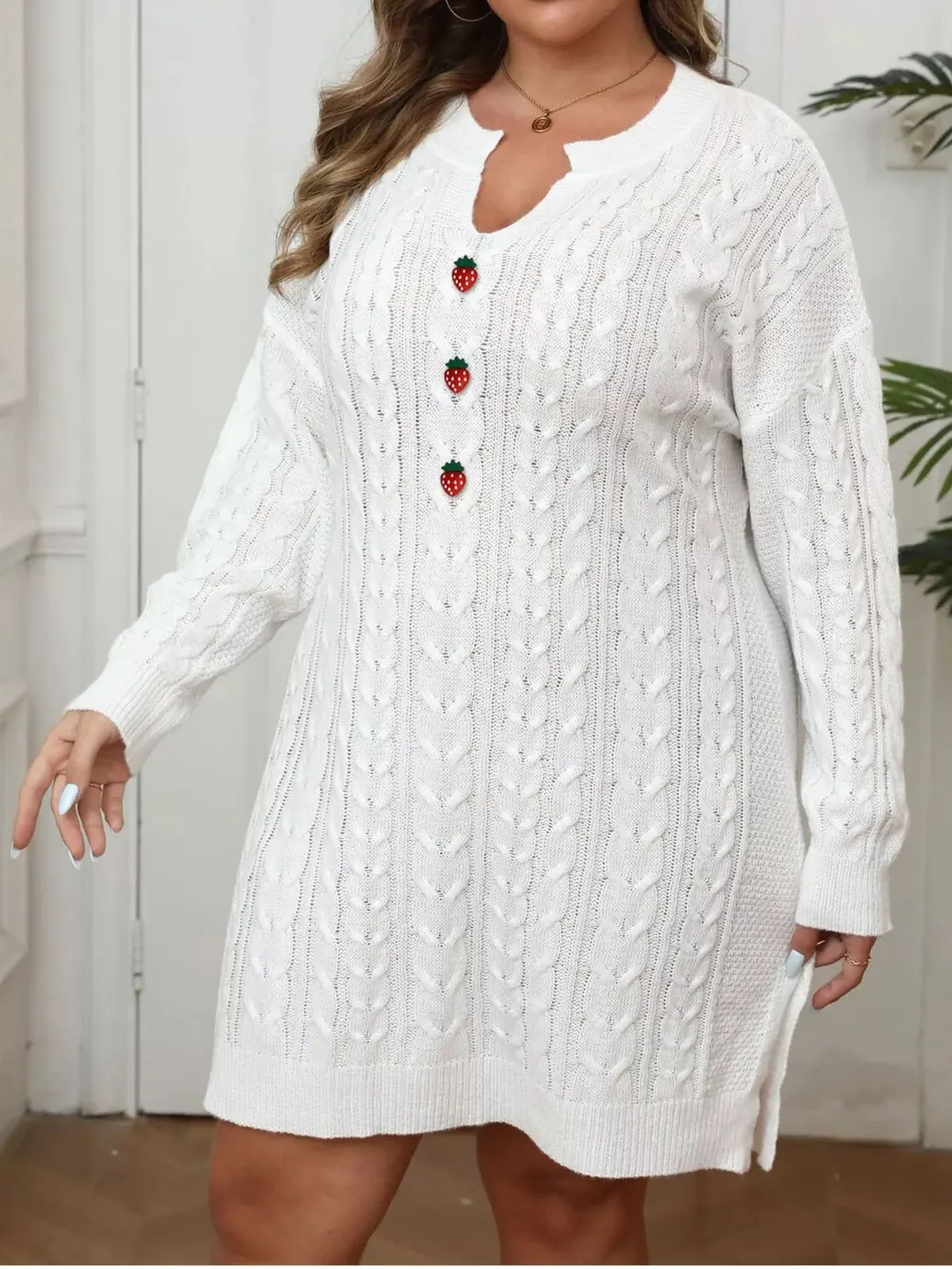 Plus-Size Cable Knit Sweater Dress with Button