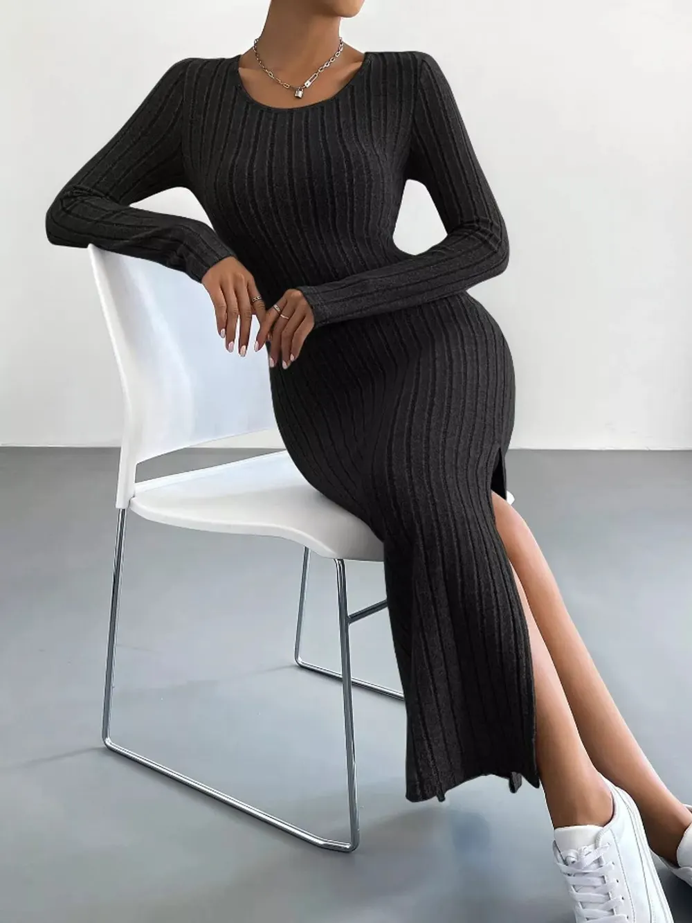 Ribbed Knit Dress with Side Slit
