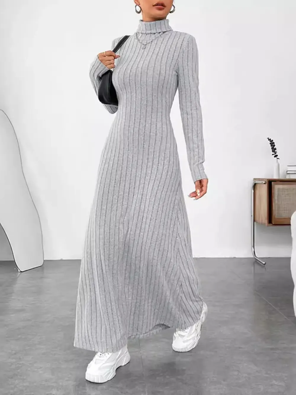 Gray Ribbed Turtleneck Maxi Knit Dress