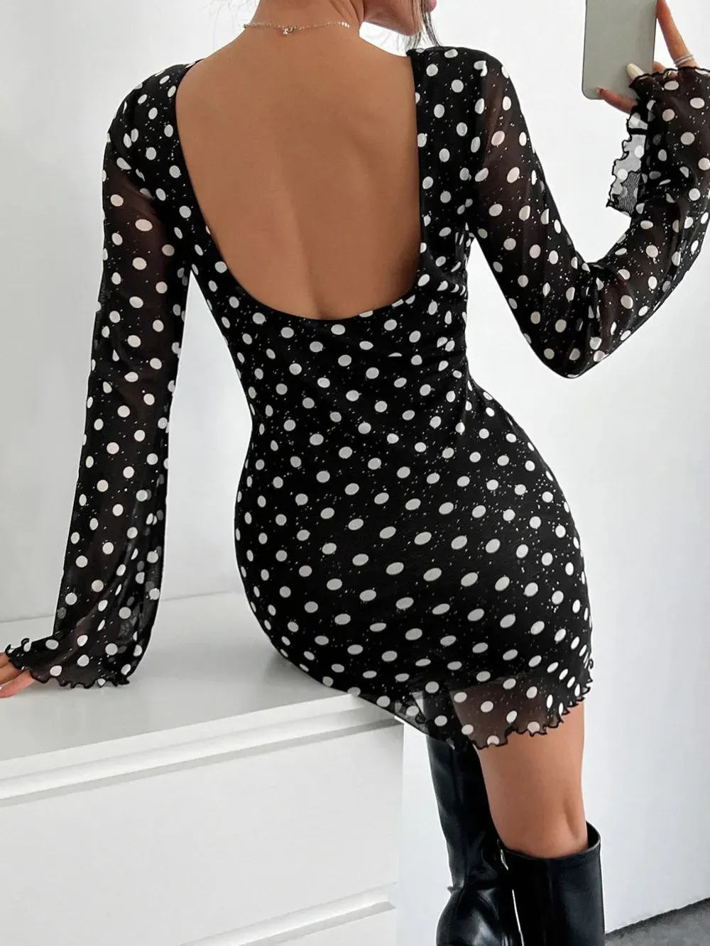 Black Backless Polka Dot Mesh Mini Dress