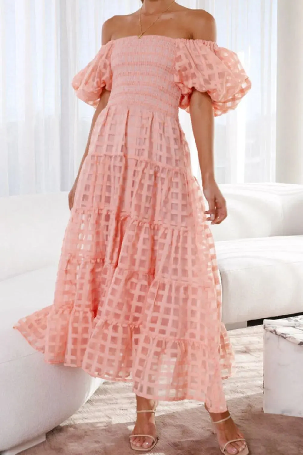 Off Shoulder Puff Sleeve Midi Dress