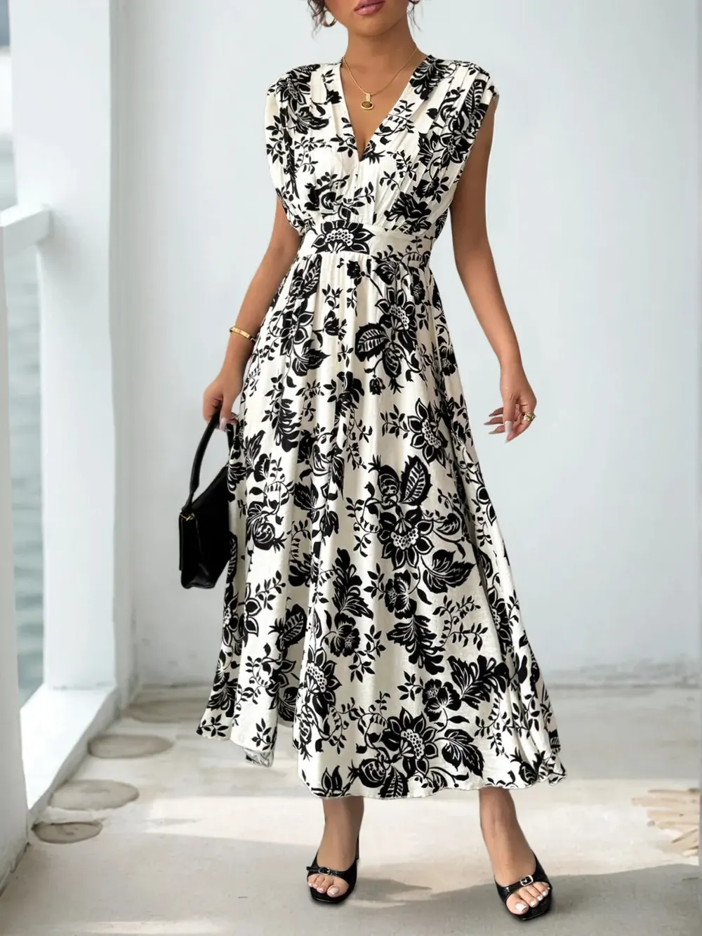Black Printed V-Neck Cap Sleeve Dress