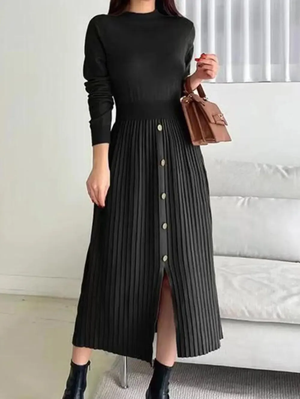 Mock Neck Long Sleeve Knit Dress with Front Slit